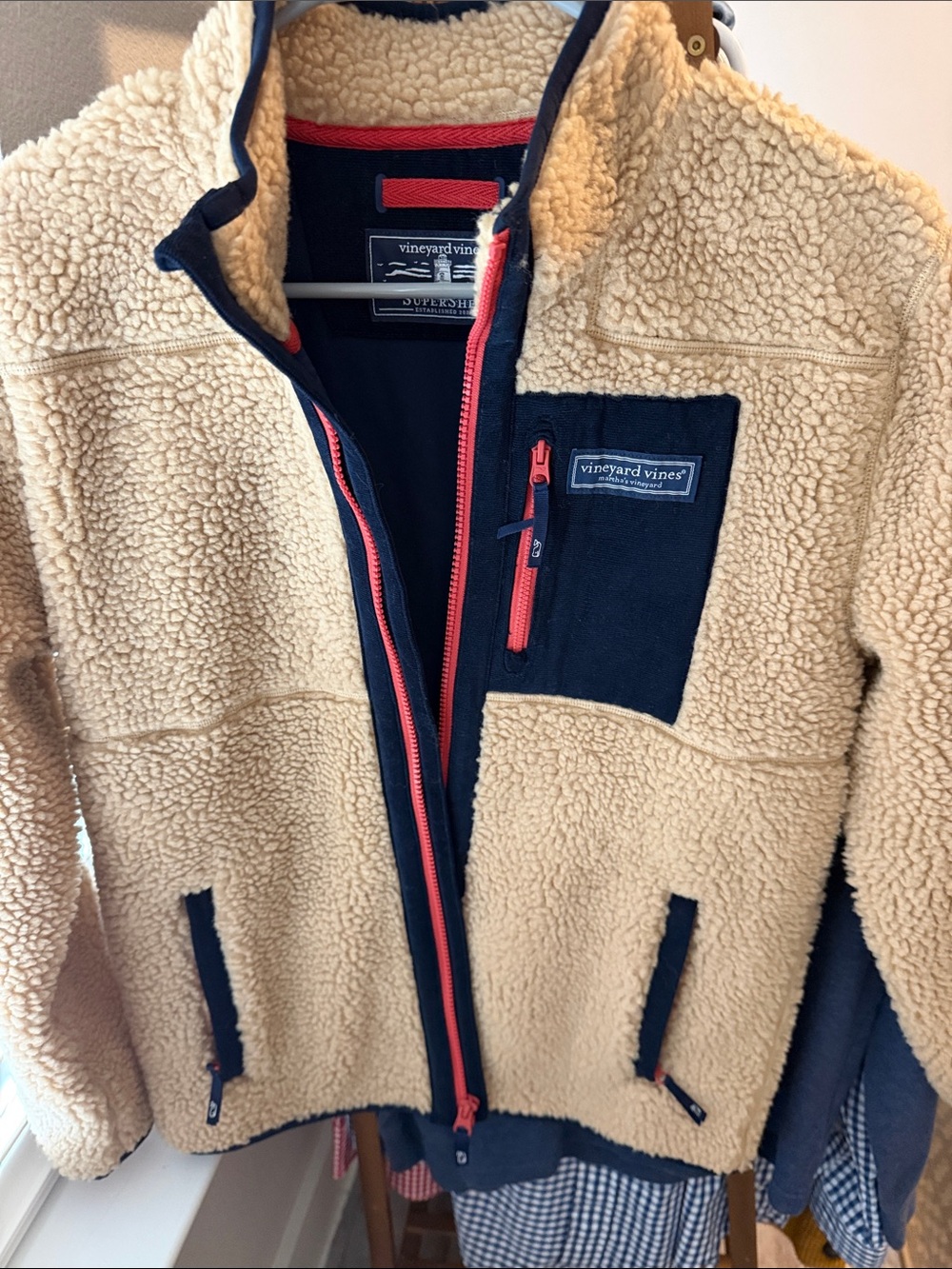 Vineyard Vines Kids Cream Sherpa Jacket with Navy and Coral Accents